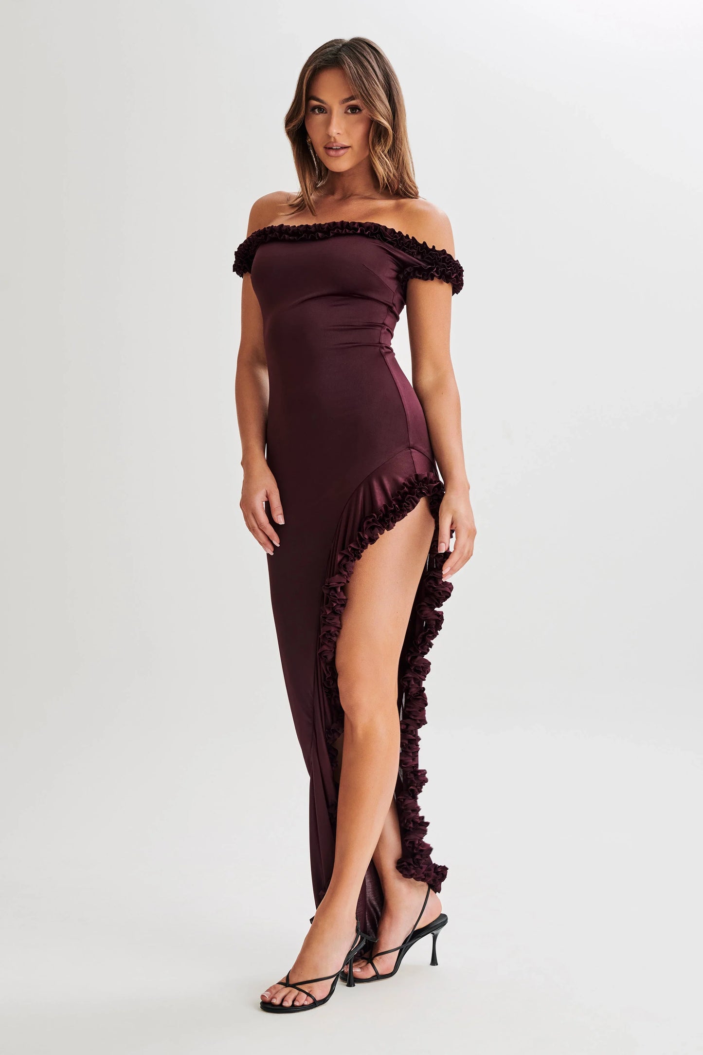 Arielle Off Shoulder Ruffle Midi Dress Plum