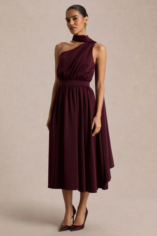 Caluna Burgundy Satin Asymmetric Neck Midi Dress With Scarf Detail