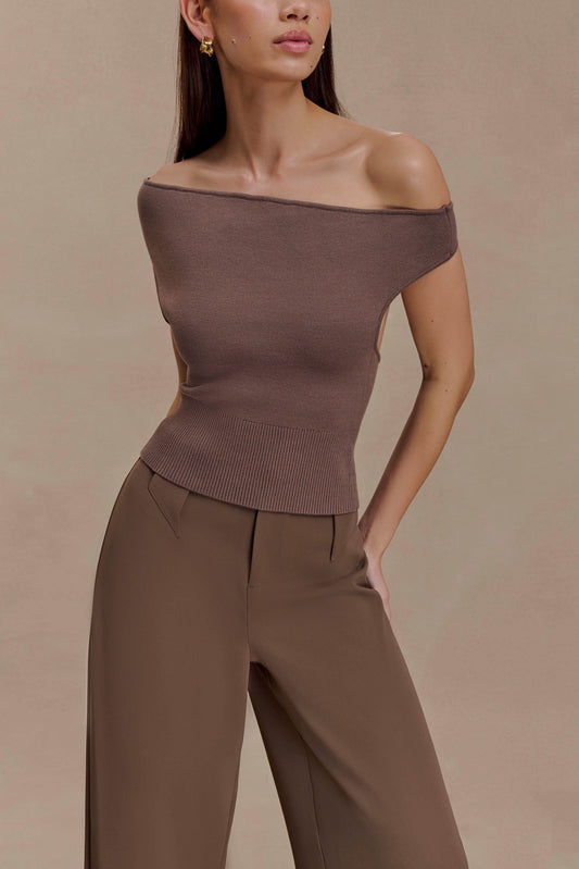 Carley Off Shoulder Knit Top Cacao Brown