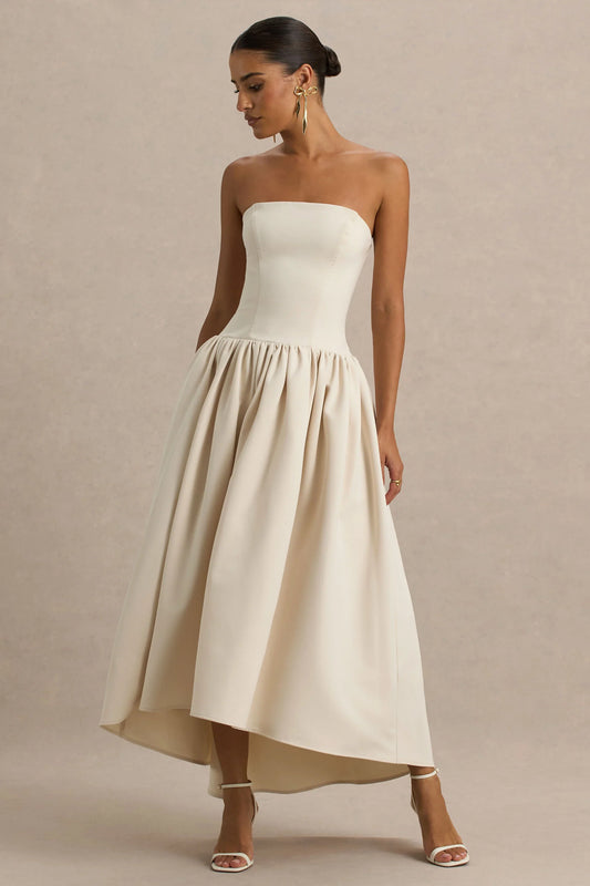 Candice Cream Bandeau Volume Midi Dress With Back Bow Detail
