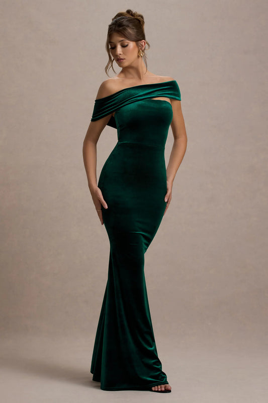 Candela Bottle Green Velvet Asymmetric Bardot Maxi Dress