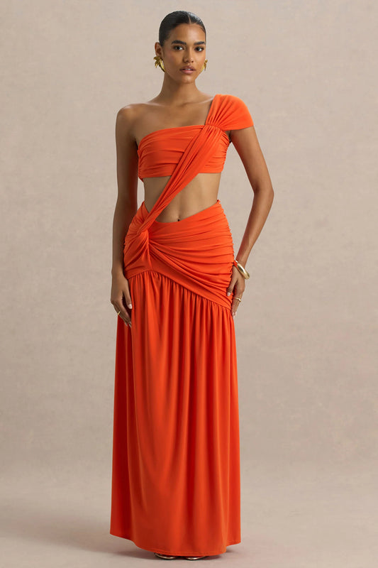 Cadiz Orange Asymmetric Maxi Dress With Cut Out Detail and Open Back