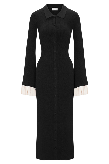 Amirose Ruffle Knit Midi Dress Black