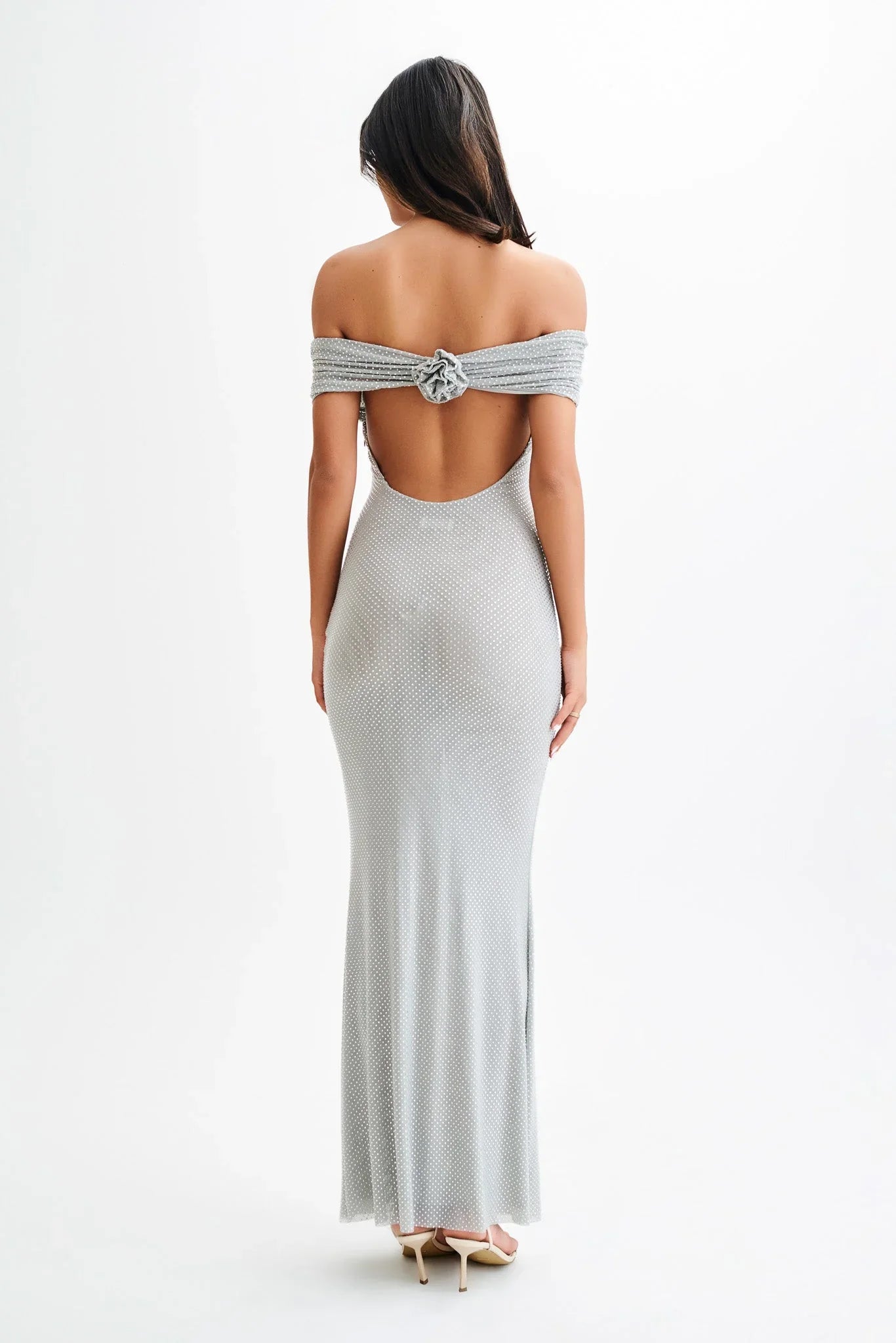 Arna Off Shoulder Diamante Maxi Dress Silver