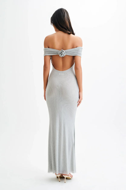 Arna Off Shoulder Diamante Maxi Dress Silver
