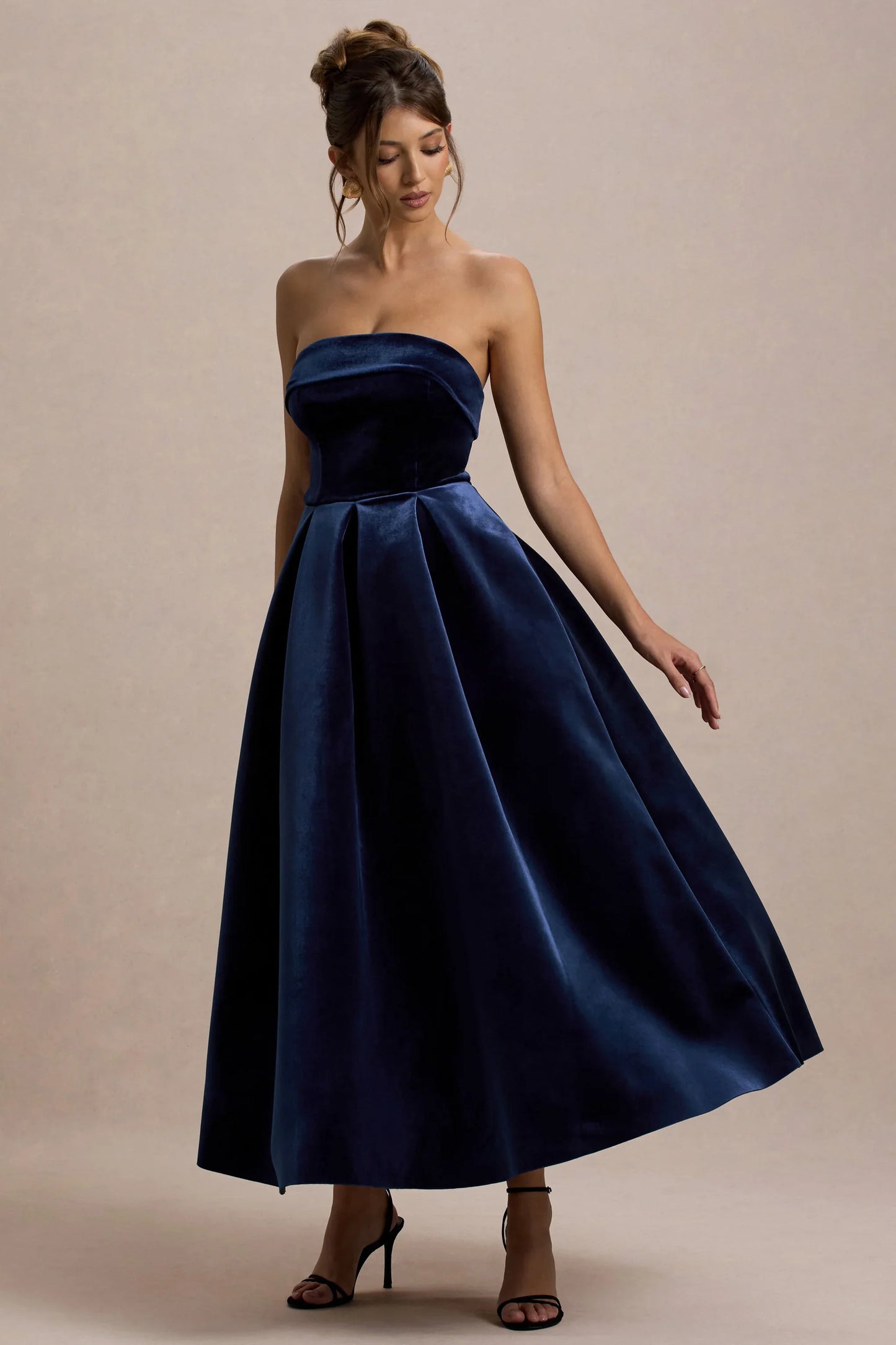 Addina Navy Velvet Bandeau Skater Midi Dress