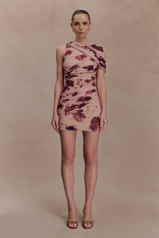 Adrienne One Shoulder Mesh Mini Dress Nude Blurred Floral Print