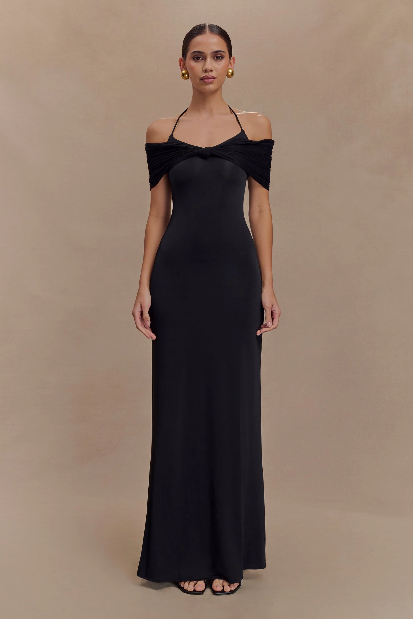 Bernadina Mesh And Slinky Halter Maxi Dress Black