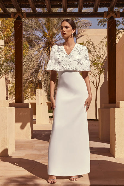 Agnella White Embellished V Neck Maxi Dress