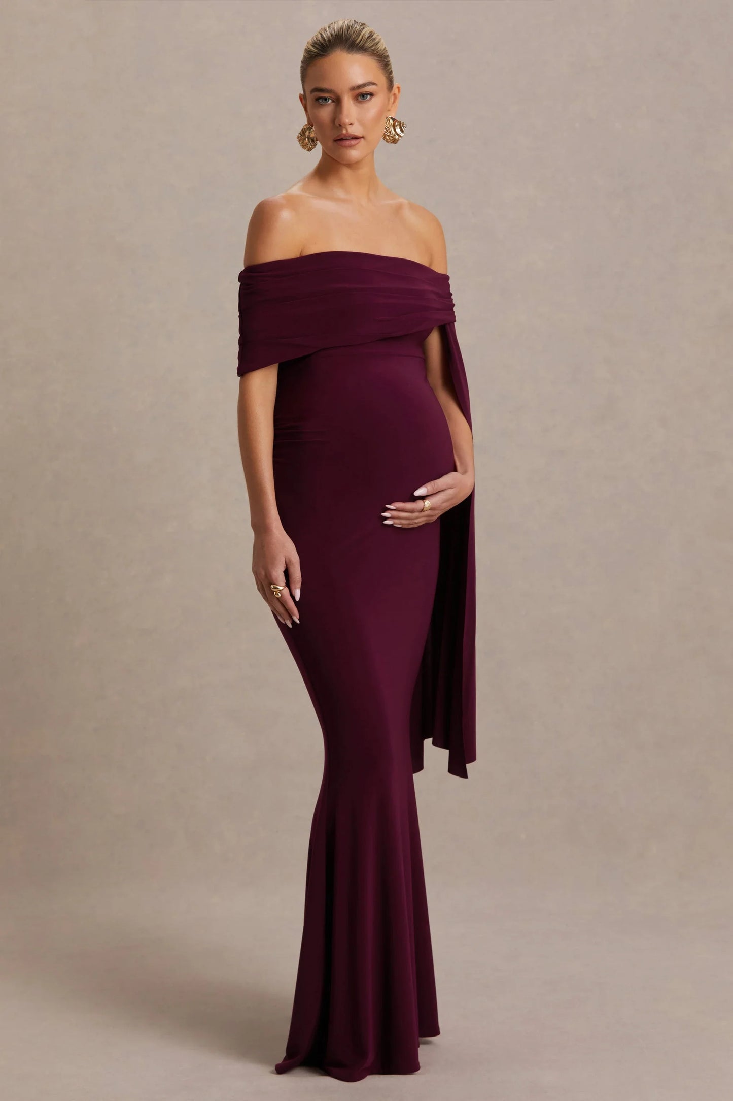 Aquila Burgundy Bardot Maternity Maxi Dress With Draped Detail