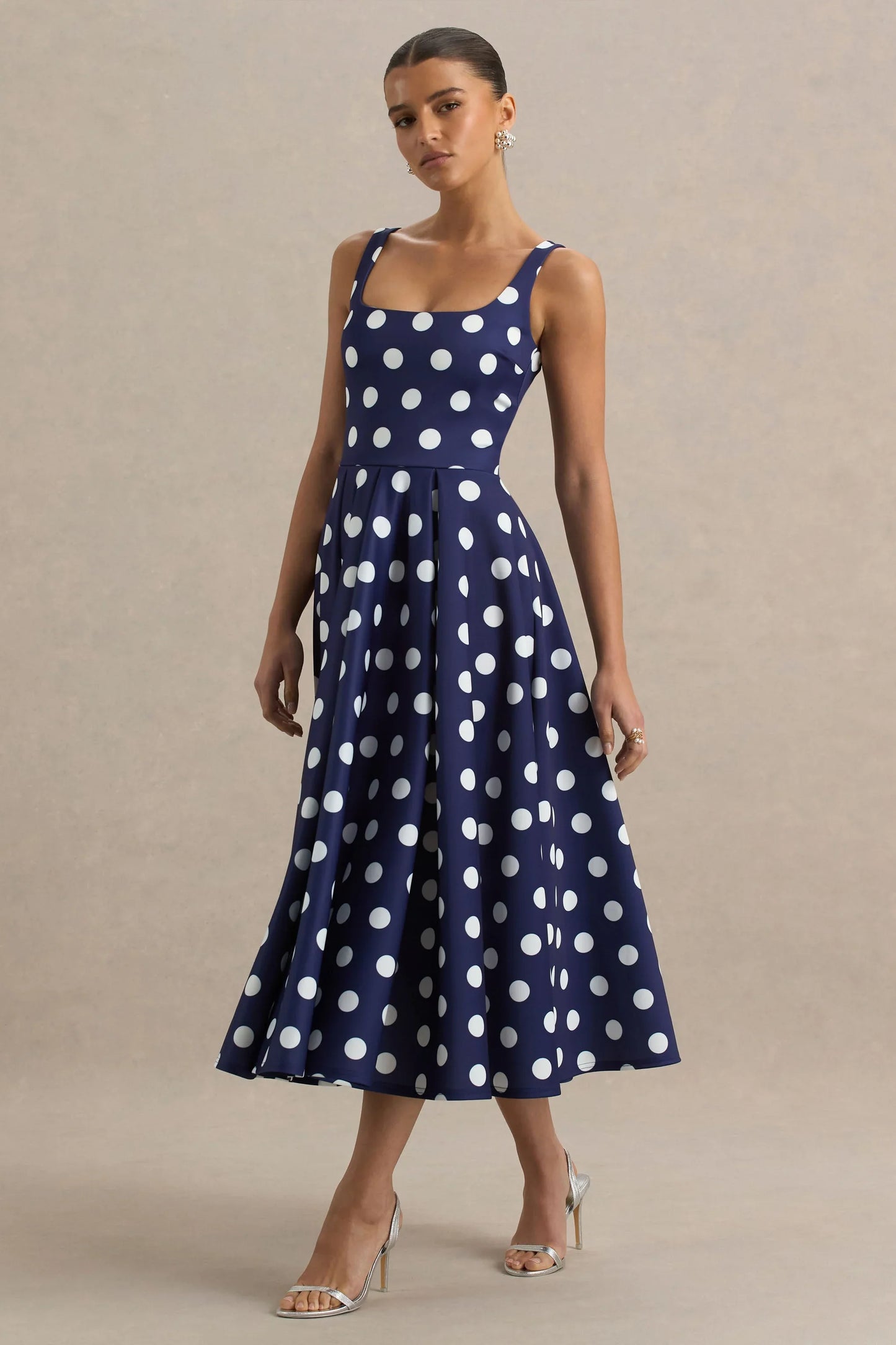 Berta Navy And White Polka Dot Square Neck Midi Dress