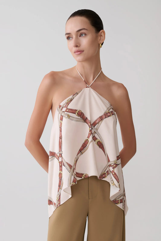 Adelaide Draped Satin Halter Top Chain Print
