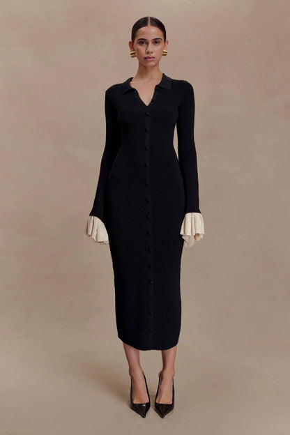 Amirose Ruffle Knit Midi Dress Black