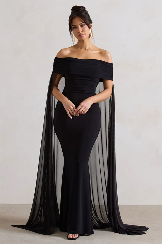 Carlotta Black Bardot Maxi Dress With Chiffon Cape