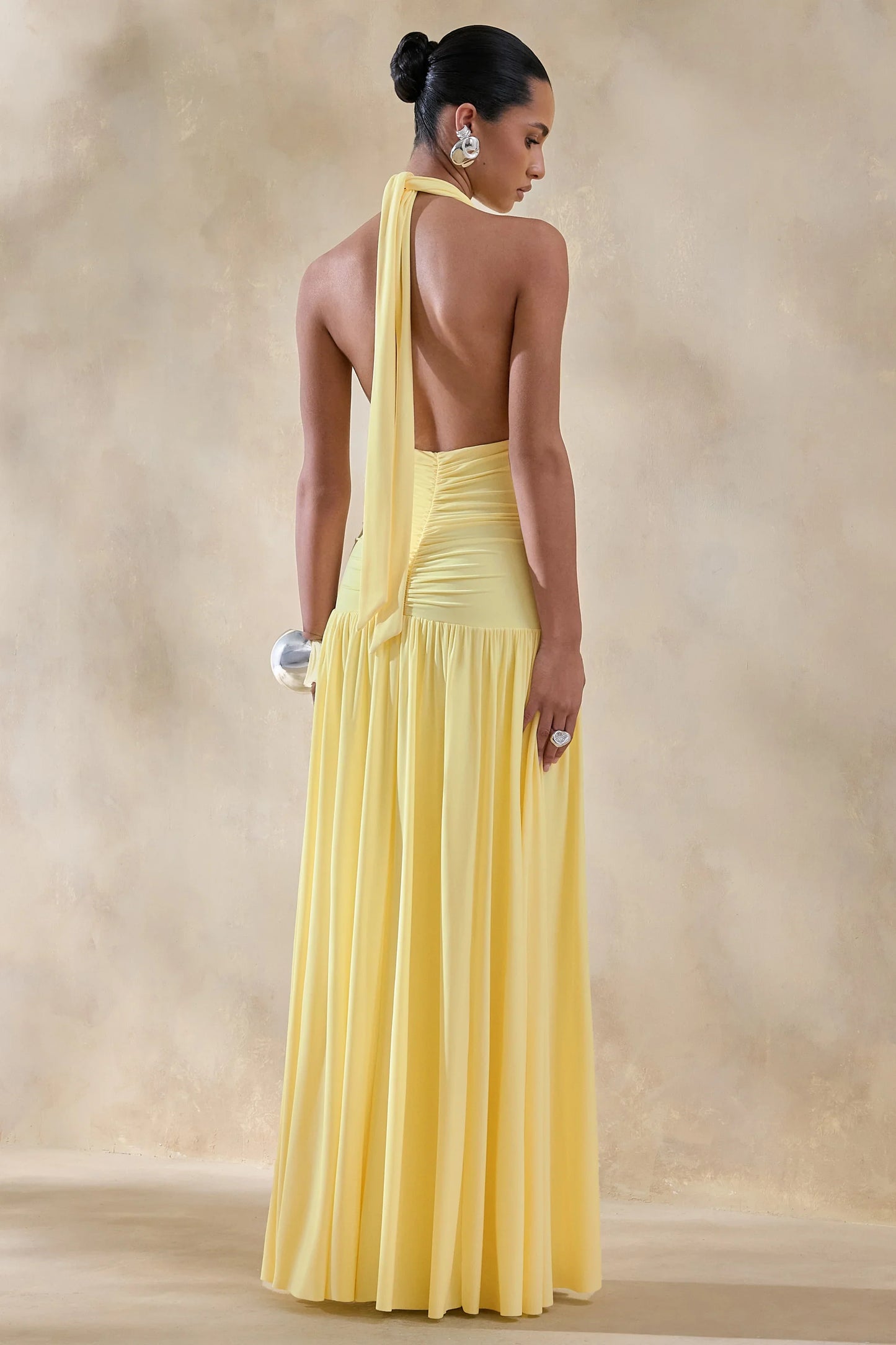 Bettina Lemon Plunge Neck Maxi Dress With Gathered Detailing