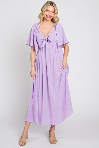 Lavender Textured Dot Front Tie Ruffle Sleeve Maternity Midi Dress