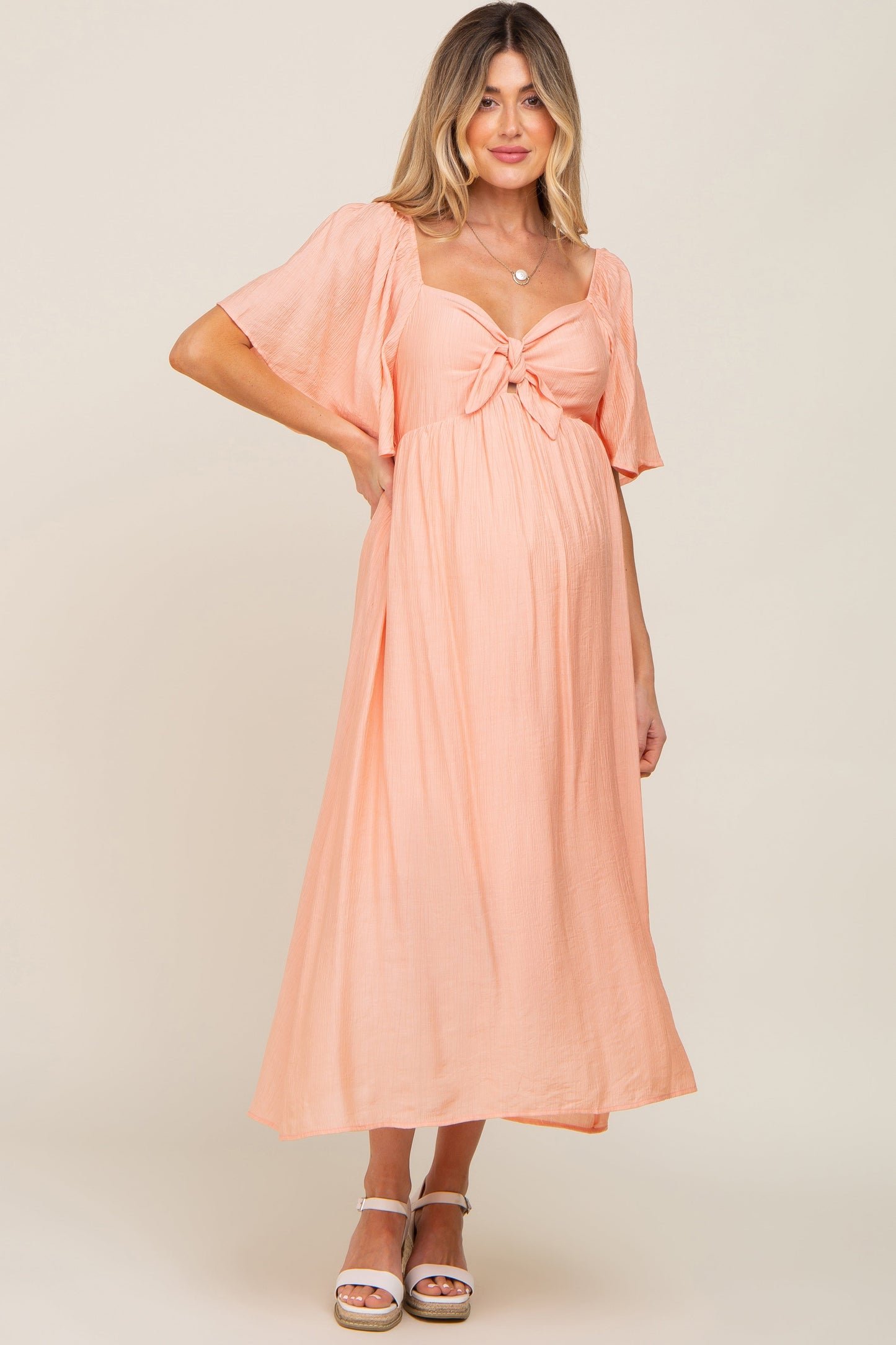Peach Front Tie Ruffle Sleeve Maternity Midi Dress