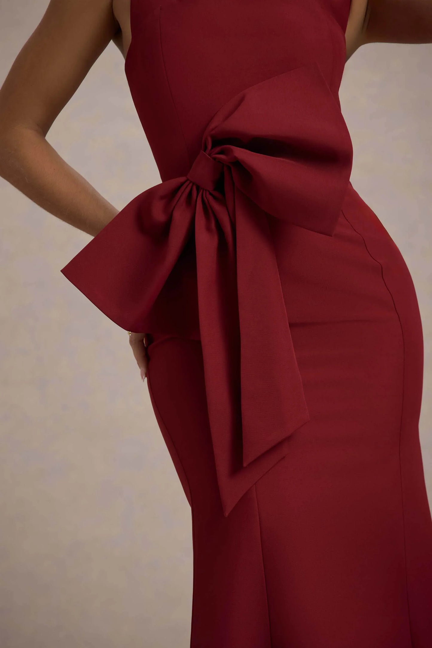 Aman Berry Halter Neck Midi Dress With Oversized Bow