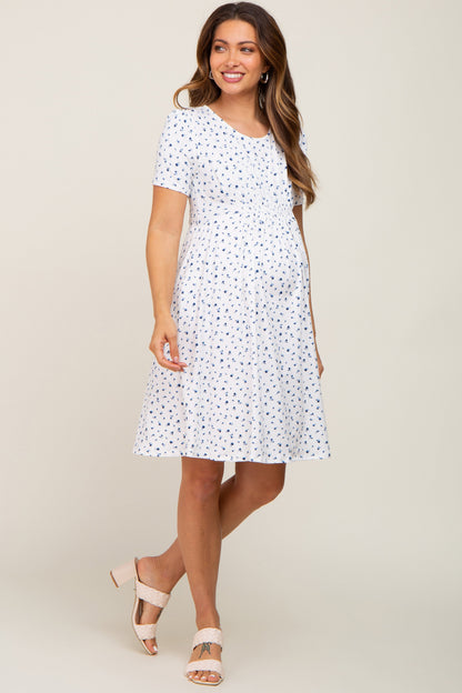 Ivory Floral Smocked Short Sleeve Maternity Dress