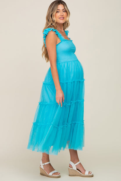 Turquoise Smocked Mesh Ruffle Accent Maternity Midi Dress