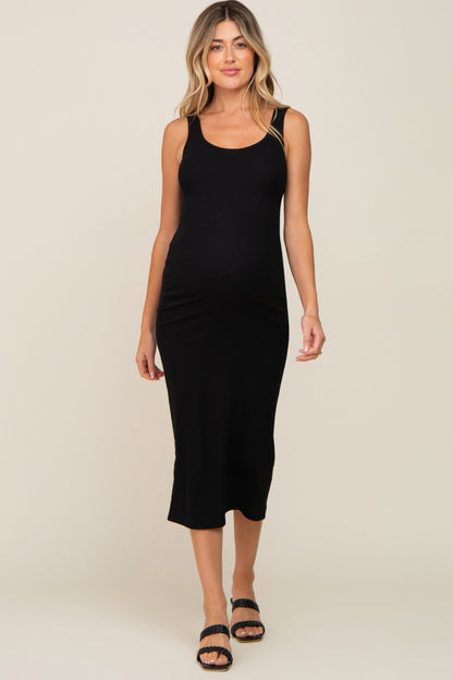 Black Ribbed Basic Maternity Maxi Dress