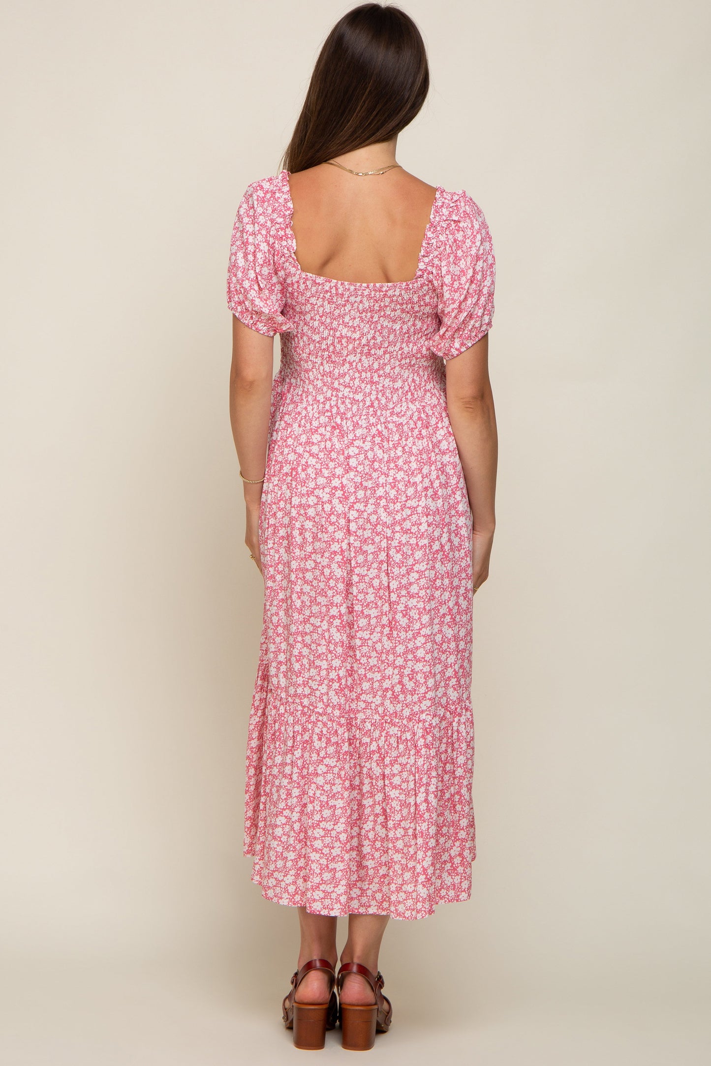 Pink Floral Smocked Short Sleeve Maternity Midi Dress