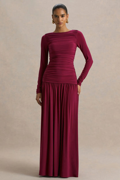 Aniyah Burgundy Slashed Neck Maxi Dress With Ruched Detailing