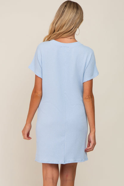 Light Blue Ribbed Front Pocket Dolman Short Sleeve Maternity Dress
