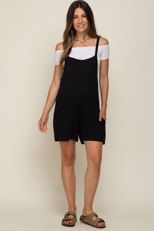 Black Front Pocket Overall Knit Maternity Romper