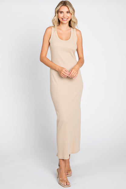 Beige Sleeveless Ribbed Maternity Maxi Dress