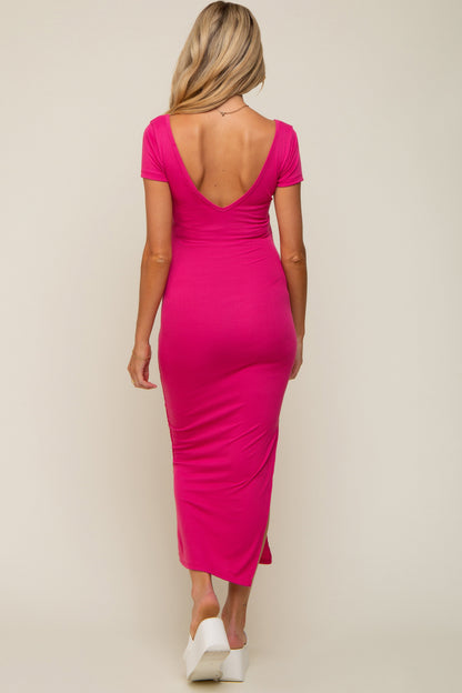 Fuchsia Basic Ribbed Side Slit Maternity Midi Dress