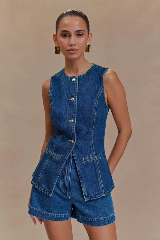 Abel Denim Button Up Top Dark Blue