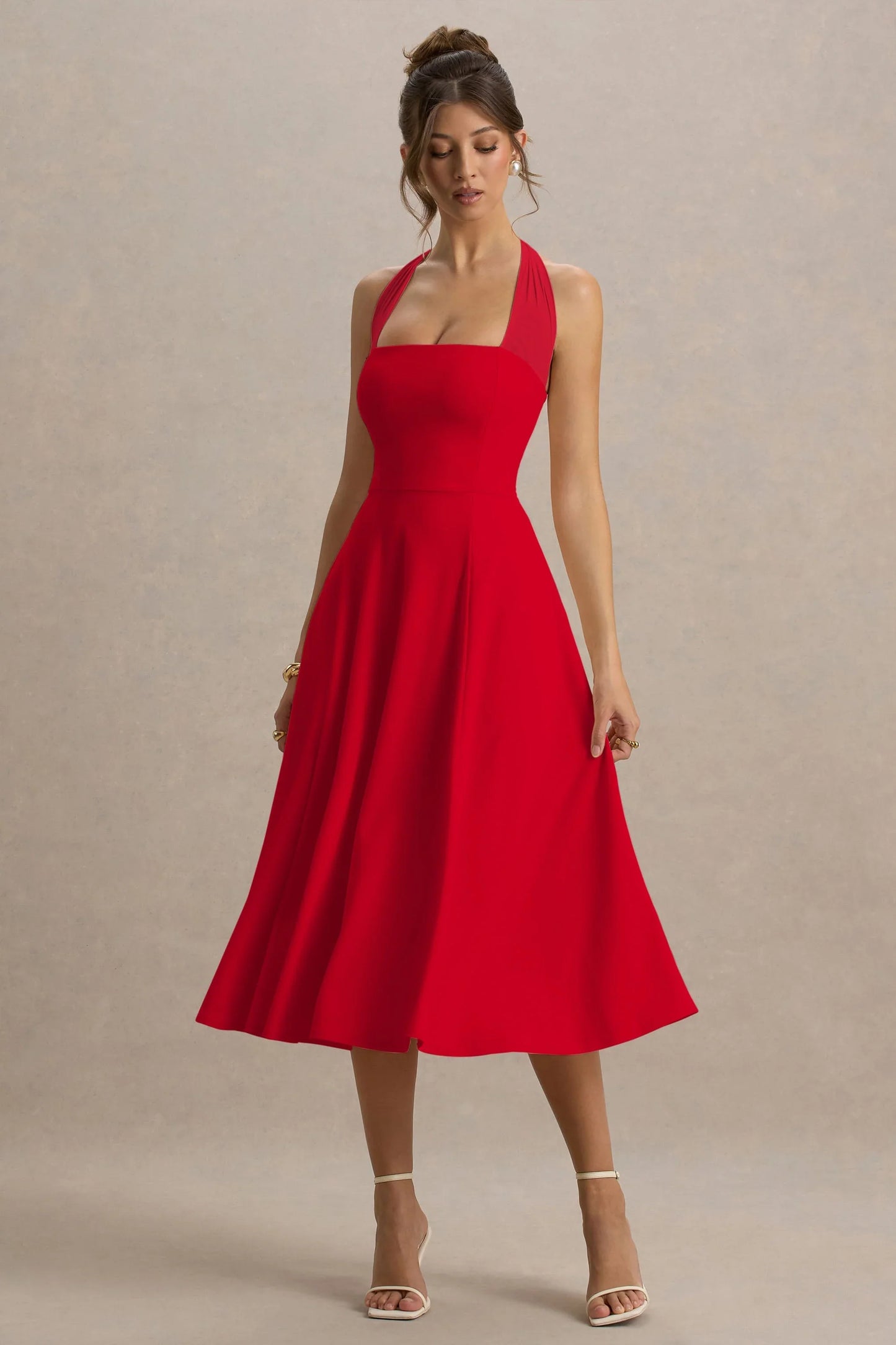 Auburn Red Halter Skater Midi Dress