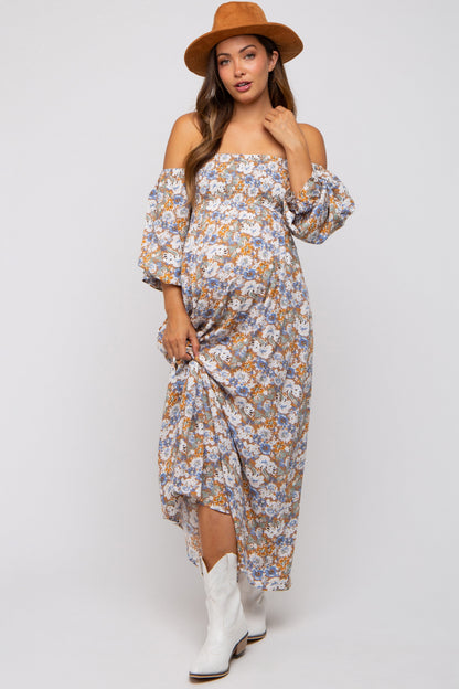 Taupe Floral Print Off Shoulder Smocked Maternity Maxi Dress