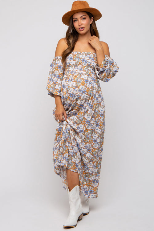 Taupe Floral Print Off Shoulder Smocked Maternity Maxi Dress