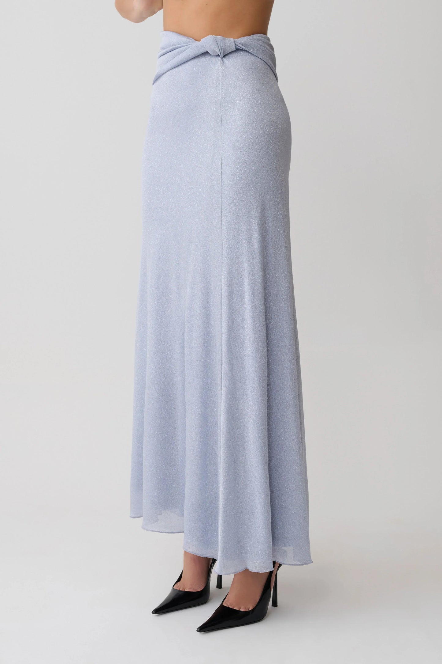 Adrienne Lurex Knot Maxi Skirt Pastel Blue