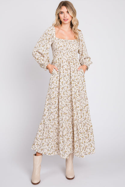 Cream Floral Smocked Long Sleeve Maternity Maxi Dress