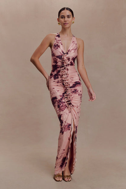 Alessandra Slinky Ruffle Maxi Dress Pink Blurred Floral Print