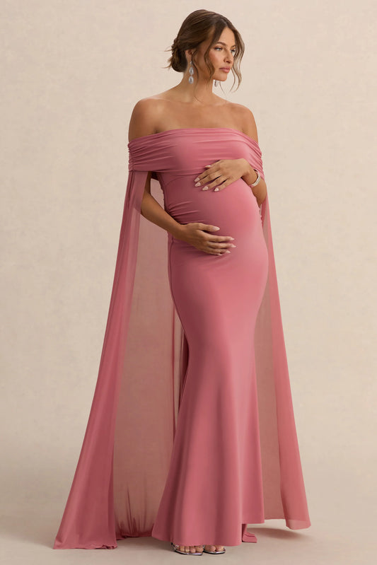 Carlotta Blush Pink Bardot Maternity Maxi Dress With Chiffon Cape