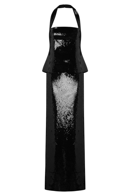 Bertie Sequin Peplum Halter Maxi Dress Black
