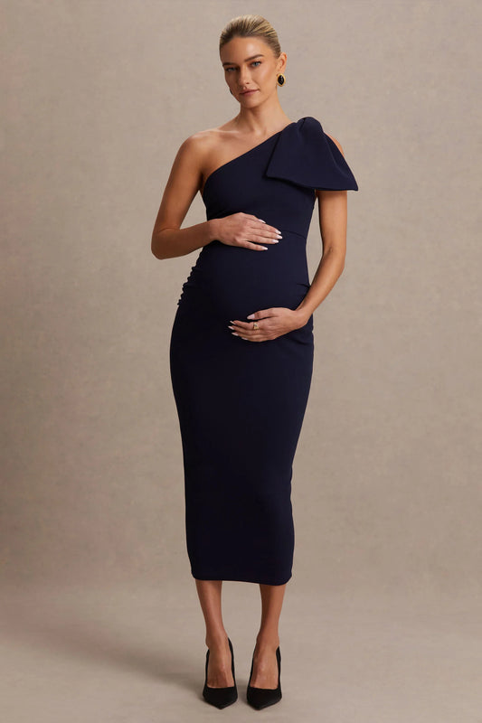 Adorn Navy Asymmetric Maternity Midi Dress With Shoulder Bow Detail
