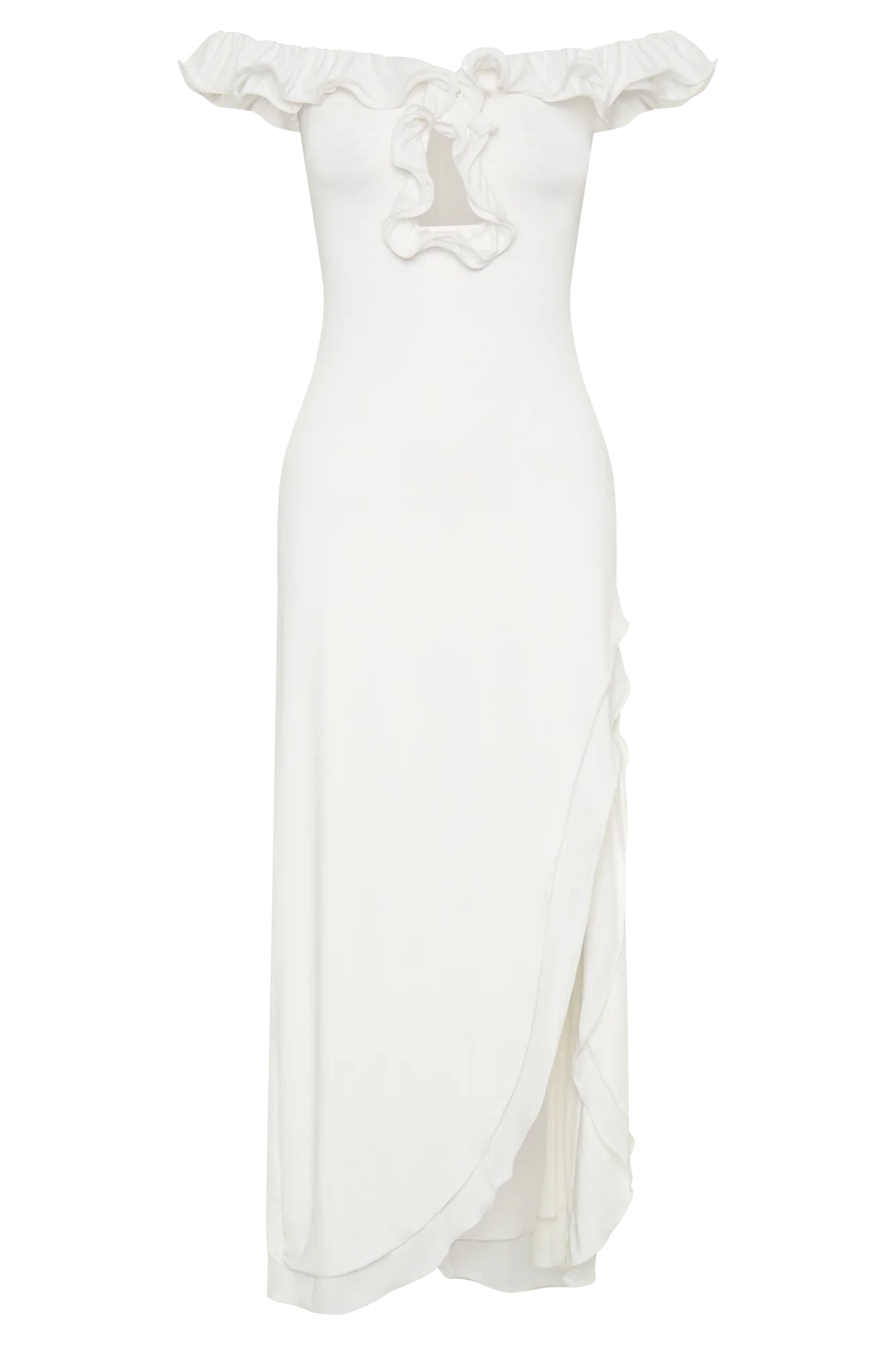 Allegra Off Shoulder Ruffle Midi Dress Ivory
