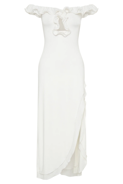 Allegra Off Shoulder Ruffle Midi Dress Ivory