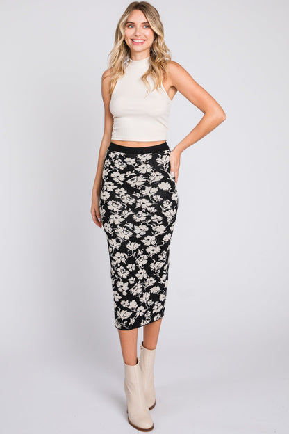 Black Floral Knit Maternity Midi Skirt