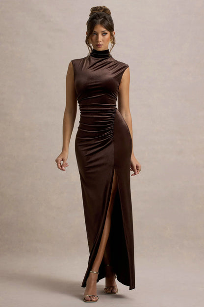 Abilene Chocolate Velvet High Neck Split Maxi Dress