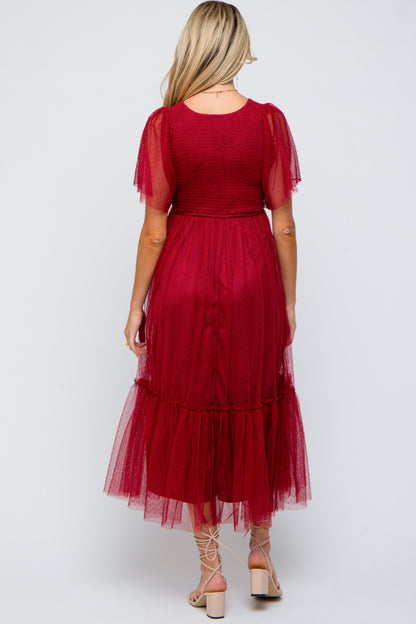 Burgundy Dotted Tulle Smocked Maternity Midi Dress