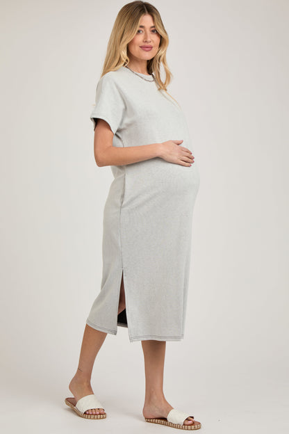 Grey Ribbed Short Dolman Sleeve Side Slit Maternity Midi Dress
