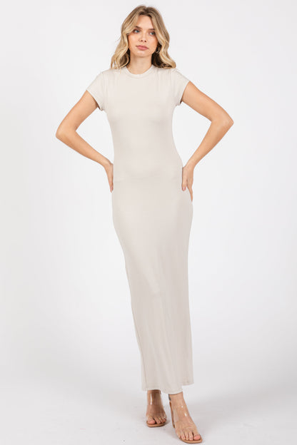 Cream Fitted Short Sleeve Maternity Maxi Dress
