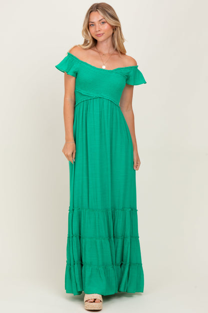 Green Smocked Crossover Off Shoulder Maternity Maxi Dress
