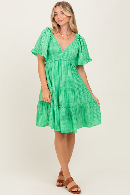 Green Smocked V-Neck Ruffle Short Sleeve Tiered Maternity Dress